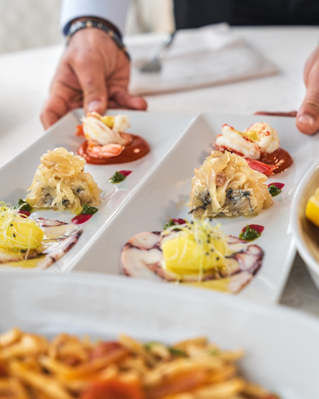 Seafood starter served at dinner by the pool, Hotel Sa Pedra
